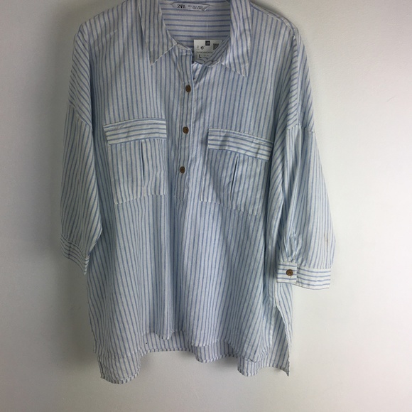 Zara Tops - Zara linen blend blouse blue white stripe L NWT
